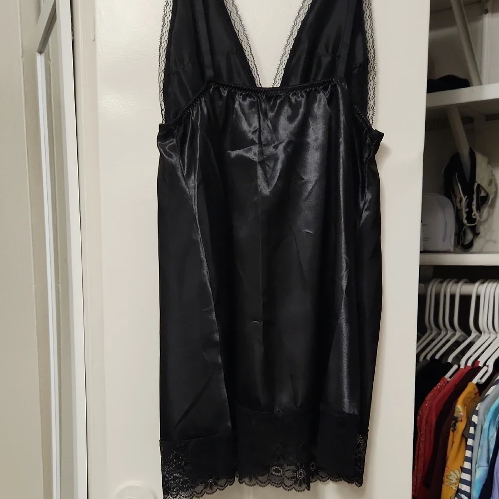 Music Legs Black Satin Chemise with Lace Detail - Picture 2 of 3